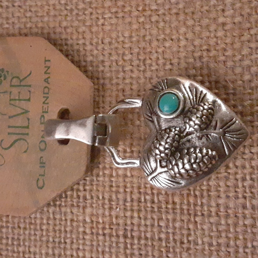 Big Sky Silver. Heart Pendant with  Pinecones And Turquoise Accent. Clip on.